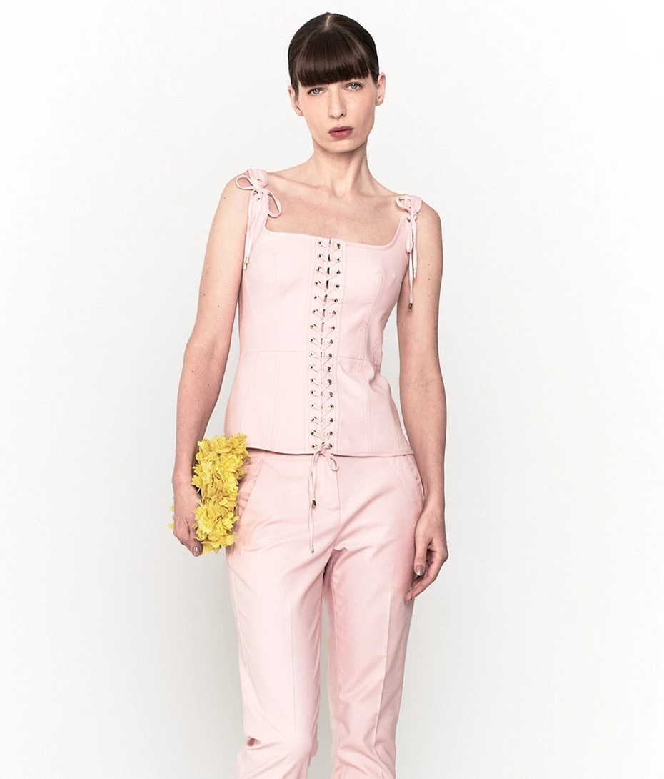 Top Corset Com Ilhós Rosa
